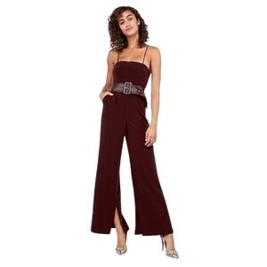 Express × Negin Mirsalehi Burgundy Wide Leg Belted Jumpsuit with Front Slits 10